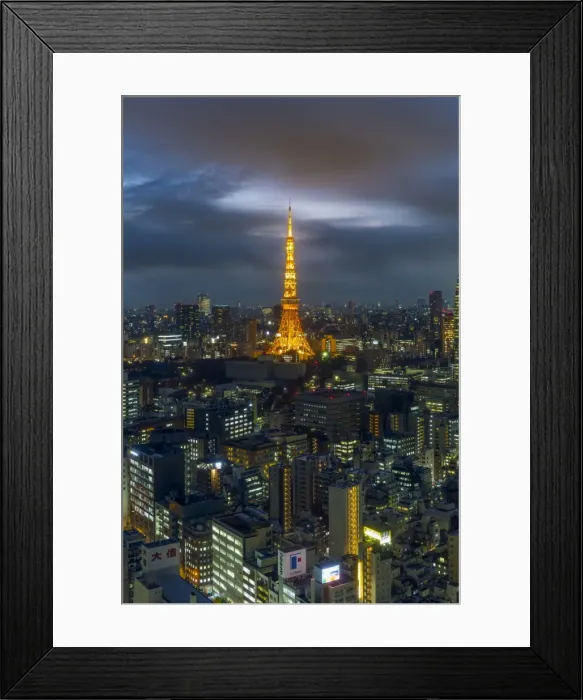 Framed Print : Elevated night view of the city skyline and iconic illuminated Tokyo Tower, Tokyo Framed Print : Elevated night view of the city skyline and iconic illuminated Tokyo Tower, Tokyo