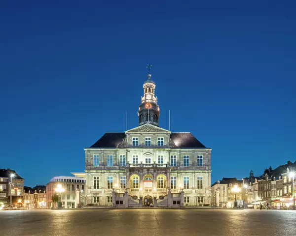 Stadhuis city hall on Markt square at dusk, Mstricht, Limburg, Netherlands, Europe