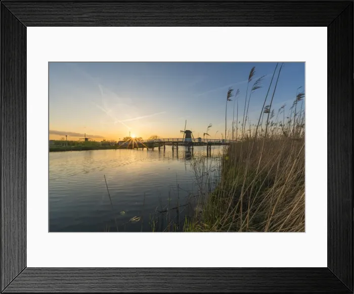 Framed Print : Bridge over the canal with windmills and reeds in the foreground, Kinderdijk, UNESCO Framed Print : Bridge over the canal with windmills and reeds in the foreground, Kinderdijk, UNESCO