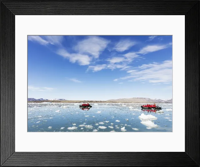 Framed Print : Tourist zodiac in an iceberg filled glacial lagoon, Spitsbergen, Svalbard, Arctic Framed Print : Tourist zodiac in an iceberg filled glacial lagoon, Spitsbergen, Svalbard, Arctic