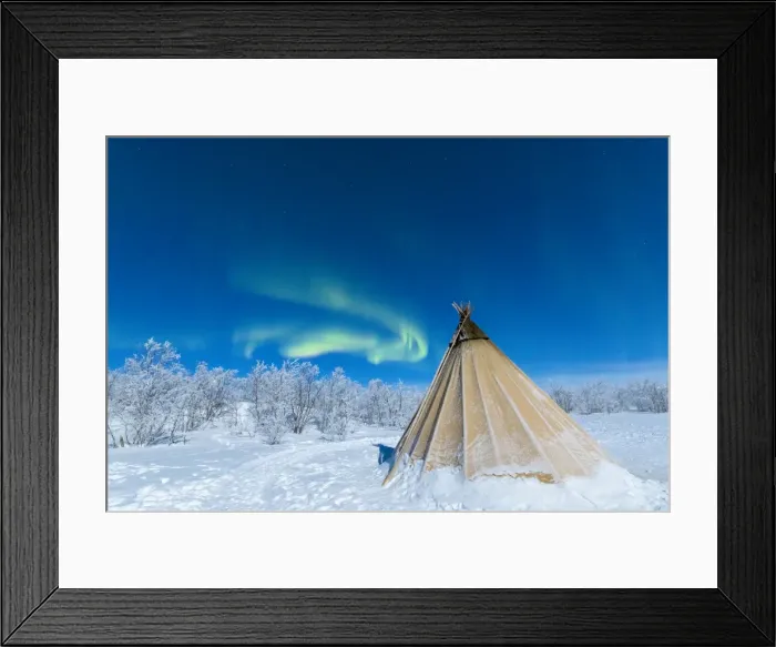 Framed Print : Isolated Sami tent in the snow under Northern Lights (Aurora Borealis), Abisko, Kiruna Municipality Framed Print : Isolated Sami tent in the snow under Northern Lights (Aurora Borealis), Abisko, Kiruna Municipality