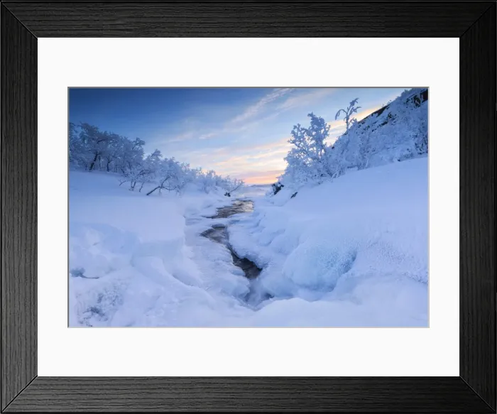 Framed Print : Sunrise on the frozen river and forest, Abisko, Kiruna Municipality, Norrbotten County Framed Print : Sunrise on the frozen river and forest, Abisko, Kiruna Municipality, Norrbotten County