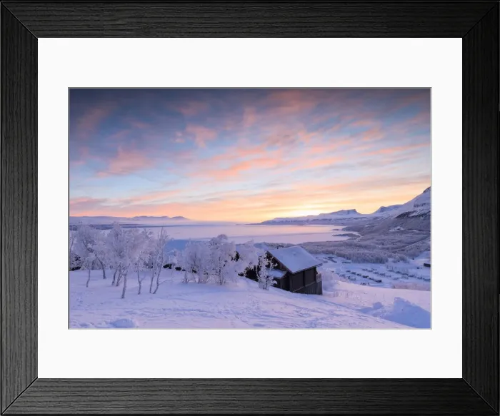 Framed Print : Pink sunrise on the snowy landscape, Bjorkliden, Abisko, Kiruna Municipality, Norrbotten County Framed Print : Pink sunrise on the snowy landscape, Bjorkliden, Abisko, Kiruna Municipality, Norrbotten County