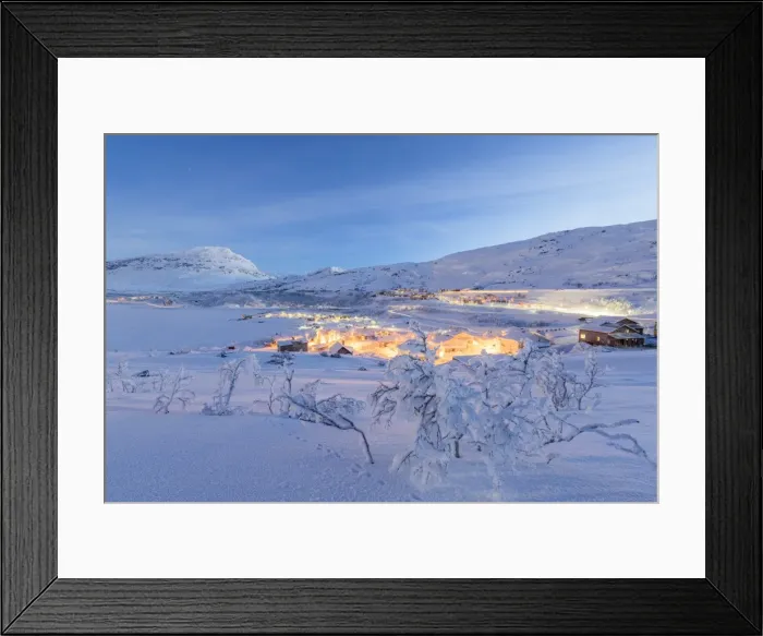 Framed Print : Illuminated village of Riksgransen at dusk, Abisko, Kiruna Municipality, Norrbotten County Framed Print : Illuminated village of Riksgransen at dusk, Abisko, Kiruna Municipality, Norrbotten County