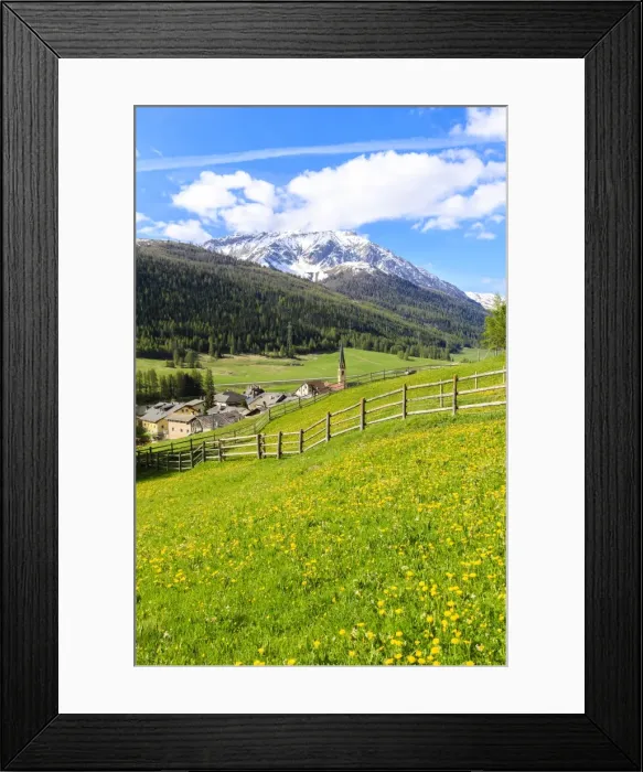 Framed Print : Alpine village of S-chanf surrounded by green meadows in spring, Canton of Graubunden Framed Print : Alpine village of S-chanf surrounded by green meadows in spring, Canton of Graubunden