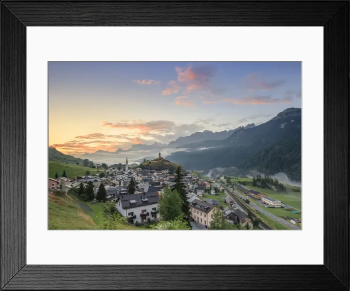 Framed Print : Pink clouds at dawn on the alpine village of Ardez, canton of Graub?nden, district of Inn Framed Print : Pink clouds at dawn on the alpine village of Ardez, canton of Graub?nden, district of Inn