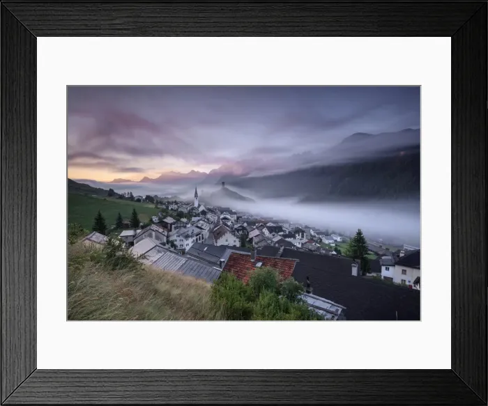 Framed Print : Pink clouds and mist on the village of Ardez at dawn, district of Inn, Lower Engadine Framed Print : Pink clouds and mist on the village of Ardez at dawn, district of Inn, Lower Engadine