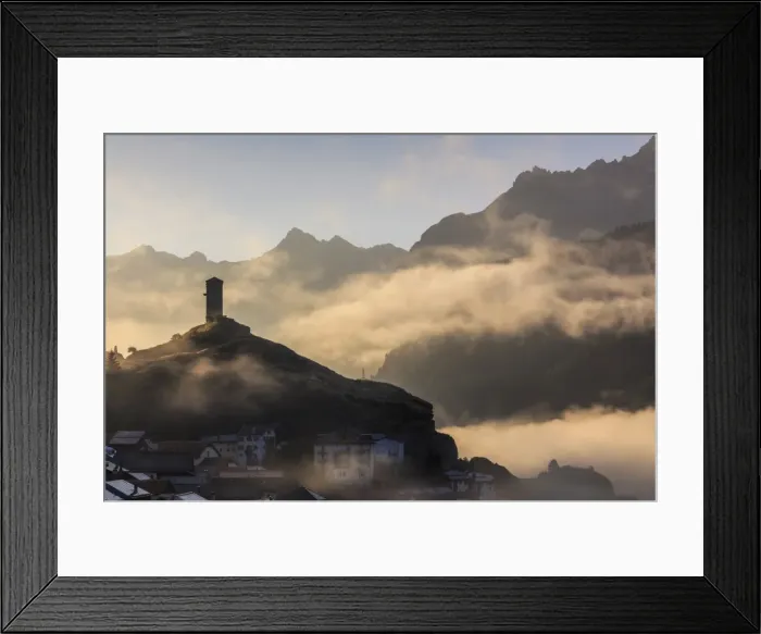 Framed Print : Tower of Steinsberg Castle shrouded by mist, Ardez, canton of Graub?nden, district of Inn Framed Print : Tower of Steinsberg Castle shrouded by mist, Ardez, canton of Graub?nden, district of Inn