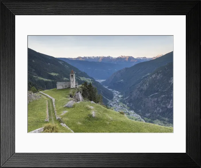 Framed Print : Ancient church at sunrise, San Romerio Alp, Brusio, Canton of Graubunden, Poschiavo Valley Framed Print : Ancient church at sunrise, San Romerio Alp, Brusio, Canton of Graubunden, Poschiavo Valley