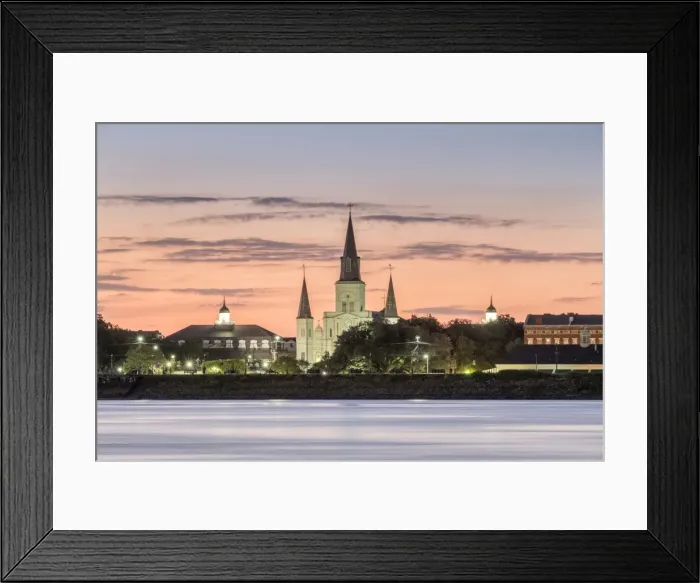 Framed Print : New Orleans skyline, view of Saint Louis Cathedral from across the Mississippi River at sunset Framed Print : New Orleans skyline, view of Saint Louis Cathedral from across the Mississippi River at sunset