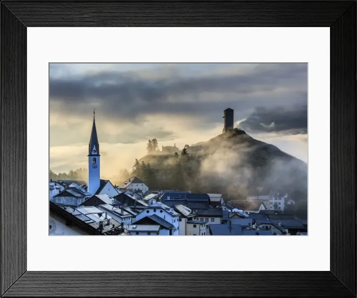 Framed Print : Misty sky on the alpine village of Ardez at sunrise, district of Inn, Lower Engadine Framed Print : Misty sky on the alpine village of Ardez at sunrise, district of Inn, Lower Engadine