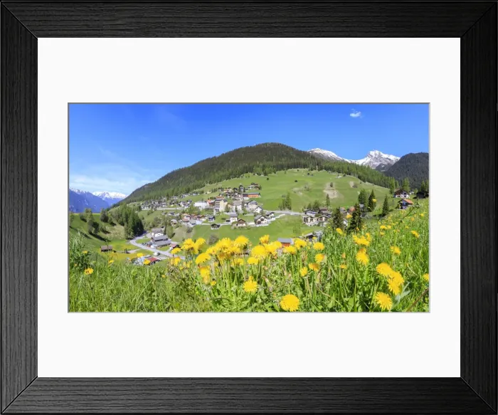 Framed Print : Panoramic of the alpine village of Davos Wiesen in spring, Canton of Graubunden Framed Print : Panoramic of the alpine village of Davos Wiesen in spring, Canton of Graubunden