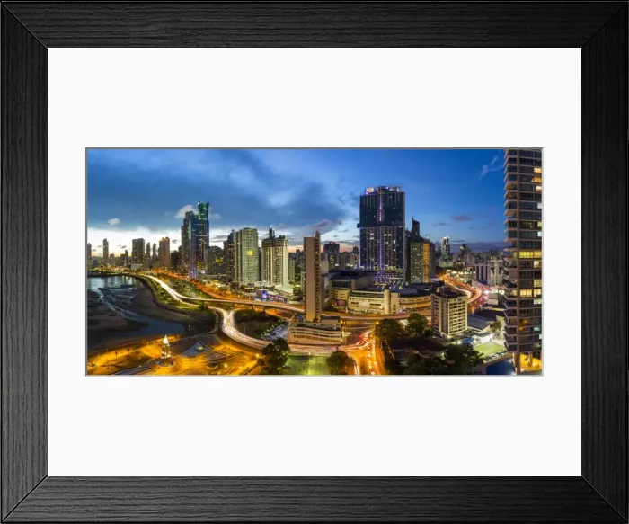 Framed Print : City skyline illuminated at dusk, Panama City, Panama, Central America Framed Print : City skyline illuminated at dusk, Panama City, Panama, Central America