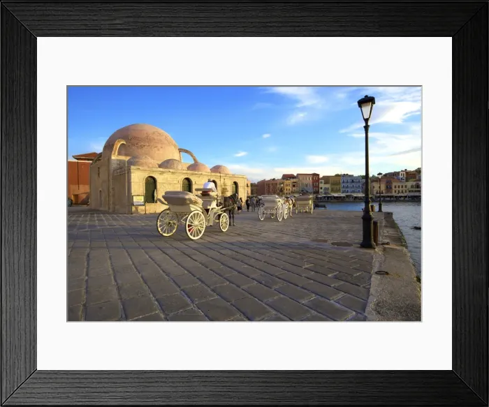 Framed Print : Horse and Carriage Infront Of The Mosque of the Janissaries, Venetian Harbour, Chania Framed Print : Horse and Carriage Infront Of The Mosque of the Janissaries, Venetian Harbour, Chania