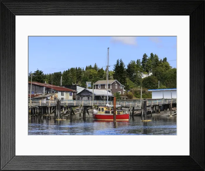 Framed Print : Red yacht, old dock buildings and jetty, Alert Bay, Cormorant Island, Vancouver Island Framed Print : Red yacht, old dock buildings and jetty, Alert Bay, Cormorant Island, Vancouver Island