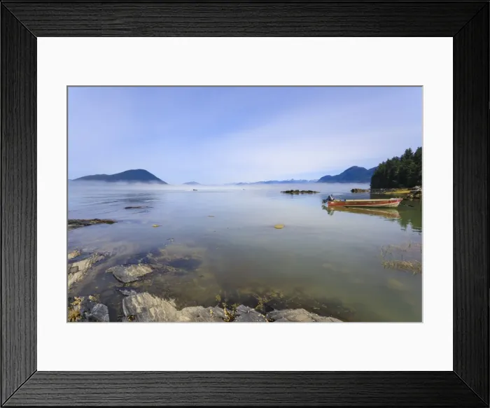 Framed Print : Jet-boats head for the Stikine River, mist clears from beautiful Petroglyph Beach Framed Print : Jet-boats head for the Stikine River, mist clears from beautiful Petroglyph Beach