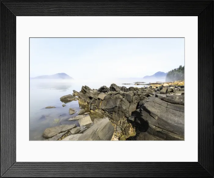 Framed Print : Mist clears from beautiful Petroglyph Beach, State Historic Park, archaeological site Framed Print : Mist clears from beautiful Petroglyph Beach, State Historic Park, archaeological site