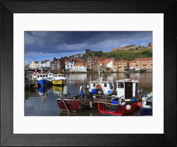Framed Print : View of fishing boats in the harbour and the town centre, Whitby, Yorkshire, England Framed Print : View of fishing boats in the harbour and the town centre, Whitby, Yorkshire, England