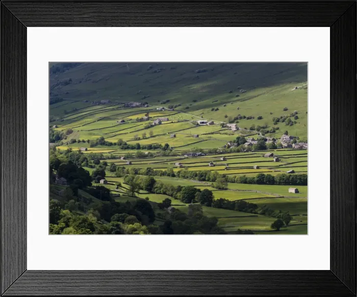 Framed Print : View of stone barns and traditional meadows, Gunnerside, Swaledale, Yorkshire Dales National Park Framed Print : View of stone barns and traditional meadows, Gunnerside, Swaledale, Yorkshire Dales National Park