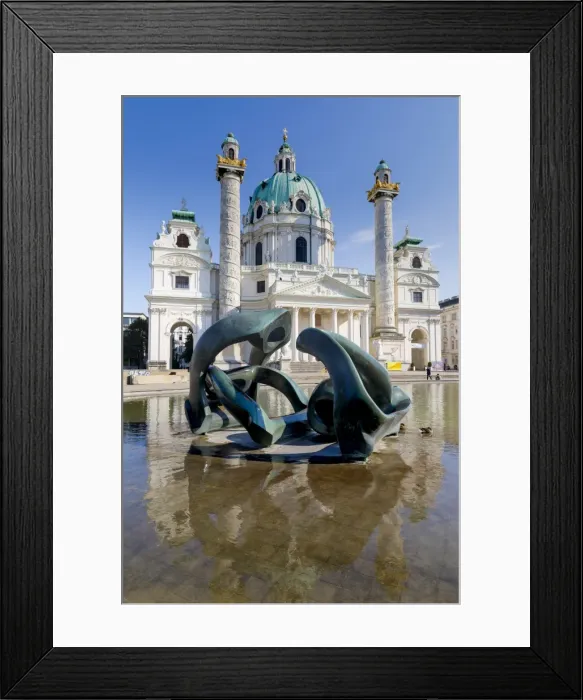 Framed Print : Karlskirche (St. Charles Church) with Hill Arches sculpture by Henry Moore in foreground Framed Print : Karlskirche (St. Charles Church) with Hill Arches sculpture by Henry Moore in foreground