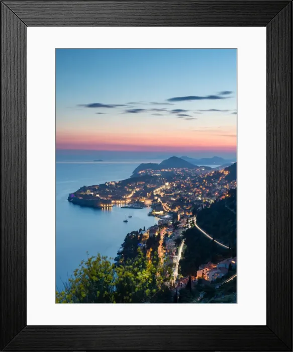 Framed Print : The city lights at sunset over the old town of Dubrovnik, UNESCO World Heritage Site