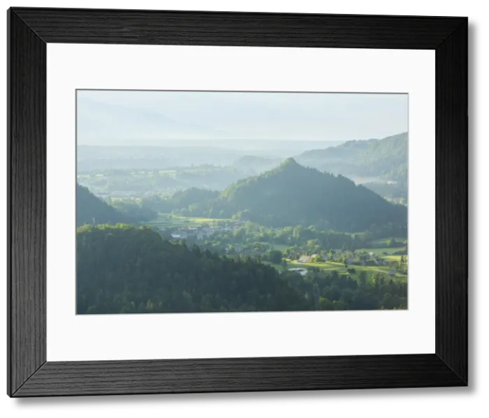 Framed Print : Mountains in the fog at sunrise, Bled, Slovenia, Europe Framed Print : Mountains in the fog at sunrise, Bled, Slovenia, Europe