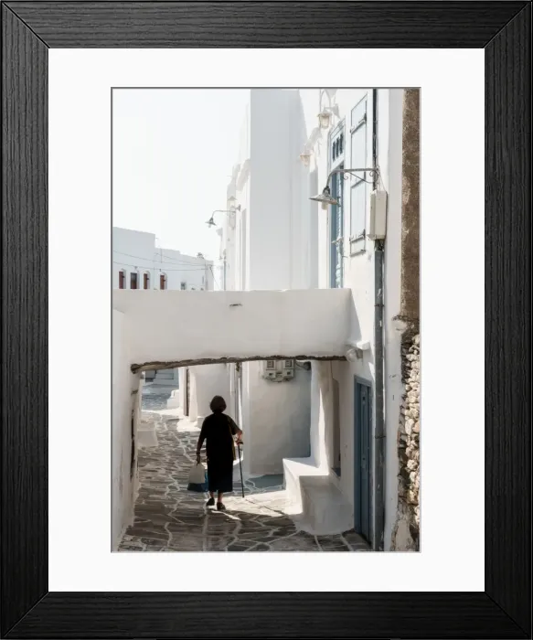 Framed Print : Old lady in black with stick and shopping walking home, Kastro Village, Sifnos, Cyclades Framed Print : Old lady in black with stick and shopping walking home, Kastro Village, Sifnos, Cyclades