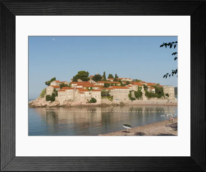 Framed Print : Sveti Stefan and beach, Montenegro, Europe Framed Print : Sveti Stefan and beach, Montenegro, Europe