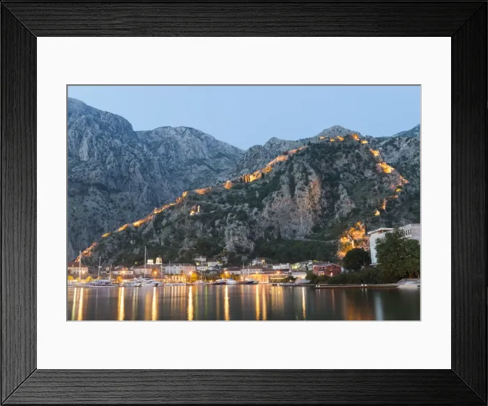 Framed Print : Venetian built fort with bastions highlighted by lights at twilight, Kotor, Montenegro Framed Print : Venetian built fort with bastions highlighted by lights at twilight, Kotor, Montenegro