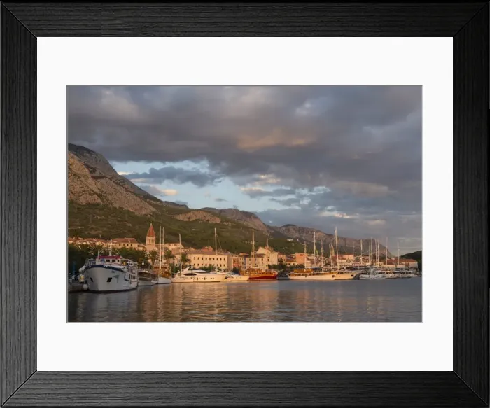 Framed Print : Old town with many Venetian style houses and boats in harbour, Makarska, Croatia, Europe Framed Print : Old town with many Venetian style houses and boats in harbour, Makarska, Croatia, Europe