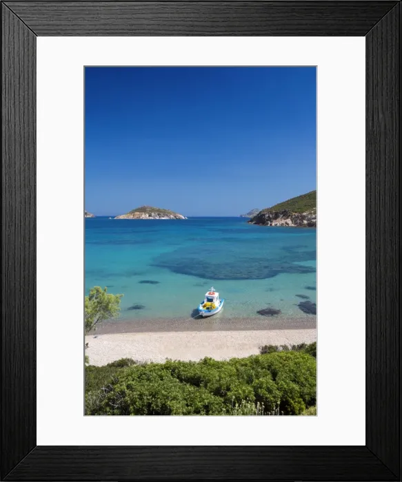 Framed Print : Fishing boat moored on the beach, Patmos Island, Dodecandese, Greek Islands, Greece Framed Print : Fishing boat moored on the beach, Patmos Island, Dodecandese, Greek Islands, Greece