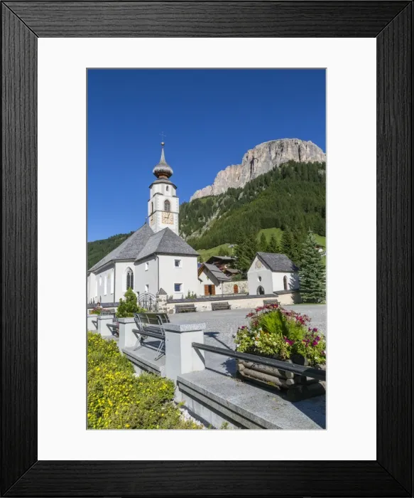 Framed Print : Morning view of Colfosco (Calfosch) Church and surrounding mountains, Belluno Province Framed Print : Morning view of Colfosco (Calfosch) Church and surrounding mountains, Belluno Province