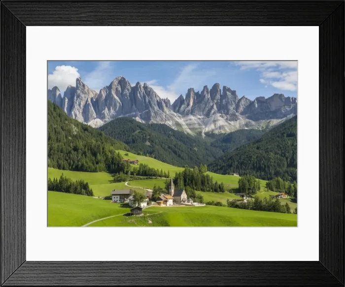 Framed Print : View of Church and mountain backdrop, Val di Funes, Bolzano Province, Trentino-Alto Framed Print : View of Church and mountain backdrop, Val di Funes, Bolzano Province, Trentino-Alto