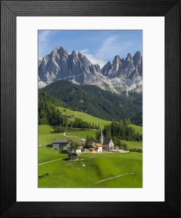 Framed Print : View of Church and mountain backdrop, Val di Funes, Bolzano Province, Trentino-Alto Framed Print : View of Church and mountain backdrop, Val di Funes, Bolzano Province, Trentino-Alto