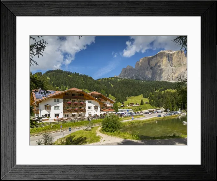 Framed Print : Hotel Lupo Bianco Wellness and Walking Canazei, Passo Pordoi with mountain backdrop Framed Print : Hotel Lupo Bianco Wellness and Walking Canazei, Passo Pordoi with mountain backdrop