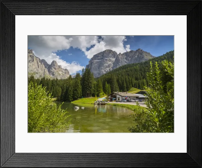 Framed Print : Lake near Hotel Lupo Bianco Wellness and Walking Canazei, Passo Pordoi with mountain backdrop