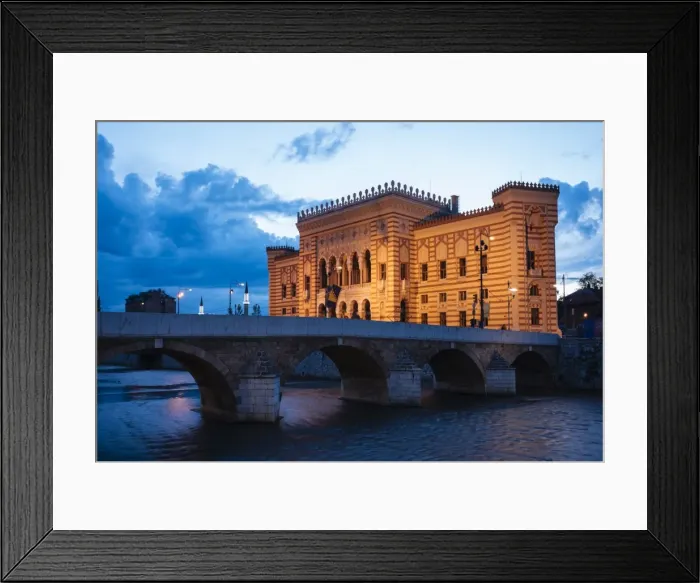 Framed Print : Exterior of Vijecnica (City Hall) at dusk, Old Town, Sarajevo, Bosnia and Hercegovina
