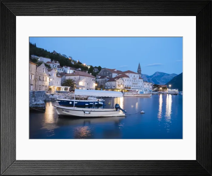 Framed Print : Perast at twilight, Bay of Kotor, UNESCO World Heritage Site, Montenegro, Europe Framed Print : Perast at twilight, Bay of Kotor, UNESCO World Heritage Site, Montenegro, Europe