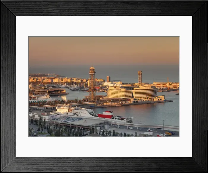 Framed Print : View from Montjuic to Port Vell with World Trade Center at Port Vell and Torre de Sant Jaume I Framed Print : View from Montjuic to Port Vell with World Trade Center at Port Vell and Torre de Sant Jaume I