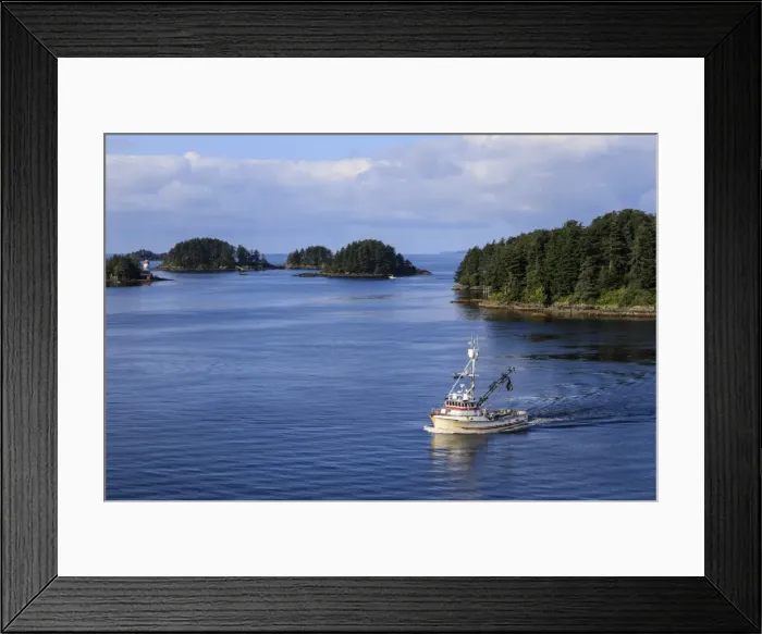 Framed Print : Commercial fishing boat and small forested islands, rare summer sun, Sitka Sound