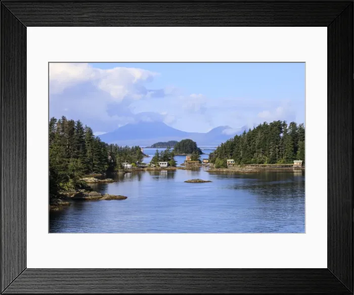 Framed Print : Wooden houses on small forested islands, clearing morning mists, Sitka Sound, Sitka Framed Print : Wooden houses on small forested islands, clearing morning mists, Sitka Sound, Sitka