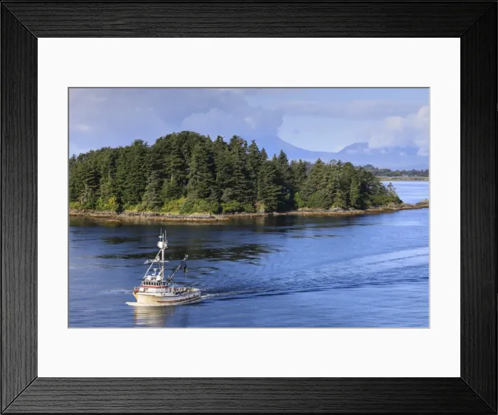 Framed Print : Commercial fishing boat and small forested island, rare summer sun, Sitka Sound, Sitka Framed Print : Commercial fishing boat and small forested island, rare summer sun, Sitka Sound, Sitka