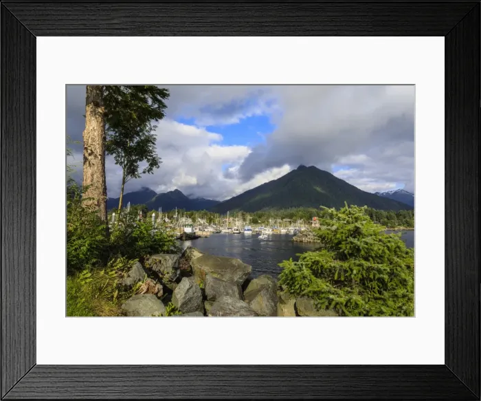 Framed Print : Crescent Boat harbour with beautiful wooded mountains and town of Sitka, rare sunny day Framed Print : Crescent Boat harbour with beautiful wooded mountains and town of Sitka, rare sunny day