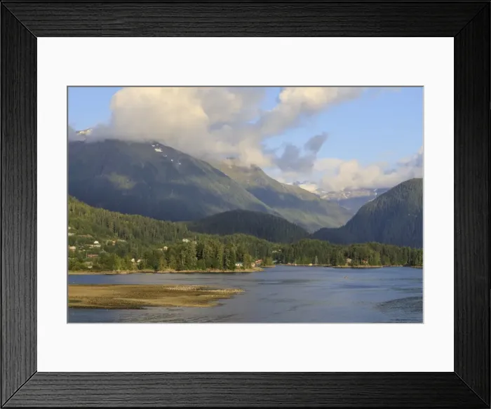 Framed Print : Forested mountains and wooden houses, from Sitka Sound, rare evening sun, summer Framed Print : Forested mountains and wooden houses, from Sitka Sound, rare evening sun, summer
