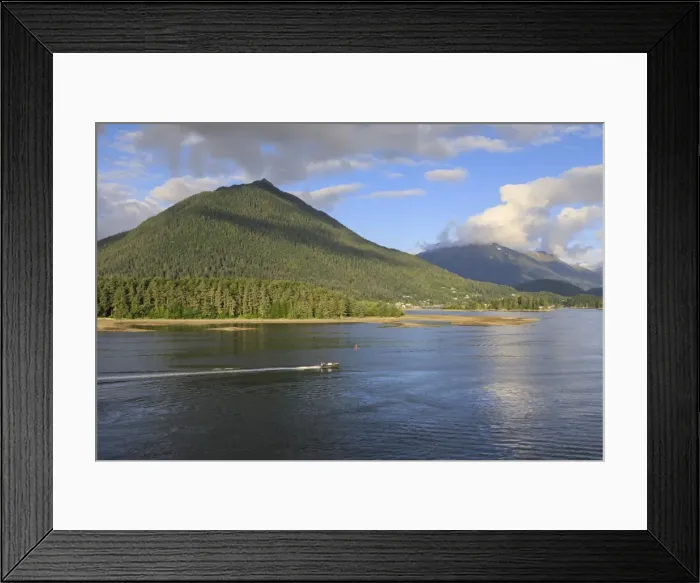 Framed Print : Forested mountains and small boat, from Sitka Sound, rare evening sun, summer, Sitka Framed Print : Forested mountains and small boat, from Sitka Sound, rare evening sun, summer, Sitka