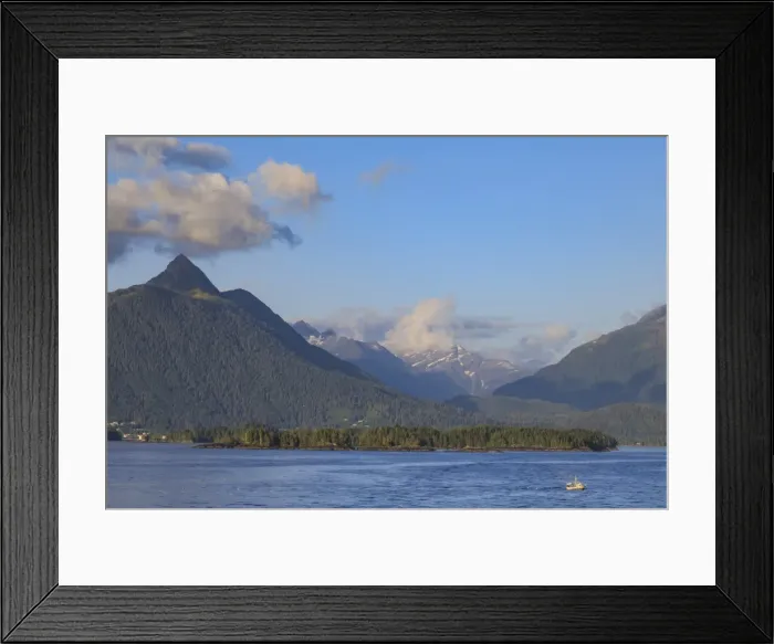 Framed Print : Commercial fishing vessel, forested snow-capped mountains, rare evening sun, Sitka Sound Framed Print : Commercial fishing vessel, forested snow-capped mountains, rare evening sun, Sitka Sound