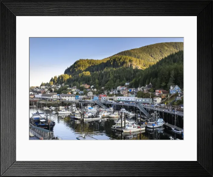 Framed Print : Sunrise over the harbour, town and forests, beautiful summer morning, Ketchikan, Southern Panhandle Framed Print : Sunrise over the harbour, town and forests, beautiful summer morning, Ketchikan, Southern Panhandle
