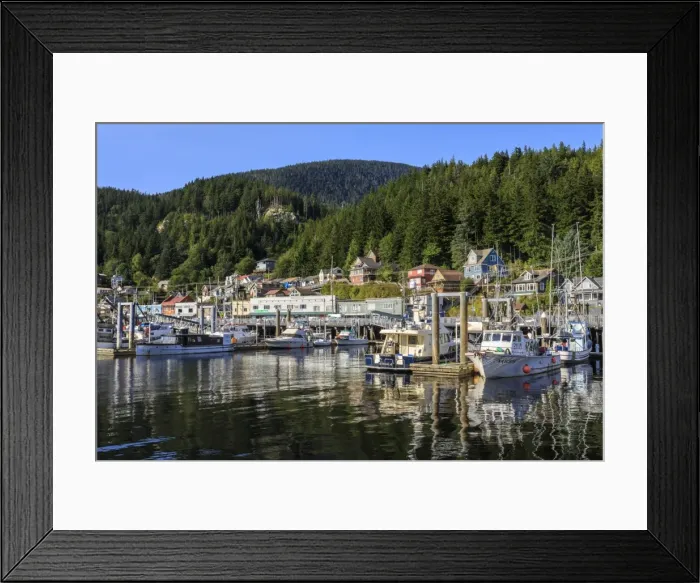 Framed Print : Commercial fishing boats, town and forest, beautiful sunny summer day, Ketchikan waterfront Framed Print : Commercial fishing boats, town and forest, beautiful sunny summer day, Ketchikan waterfront