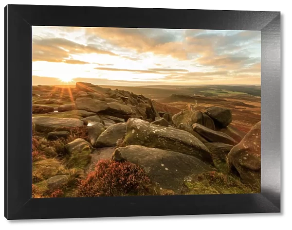 Higger Tor, Carl Wark Hill Fort and Hathersage Moor, sunrise in autumn, Peak District National Park