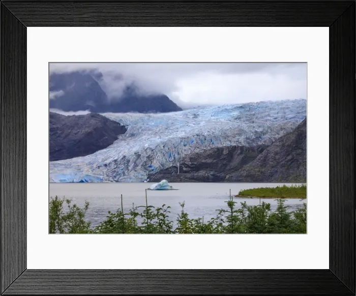 Framed Print : Mendenhall Glacier and Lake, with iceberg, bright blue ice, forest and mist, from Visitor Centre Framed Print : Mendenhall Glacier and Lake, with iceberg, bright blue ice, forest and mist, from Visitor Centre